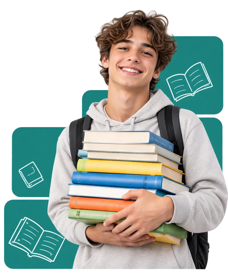 Studente con uno zaino e una pila di libri scolastici